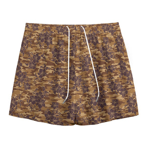 Brown Hawaiian Camo Flower Pattern Print Mesh Shorts