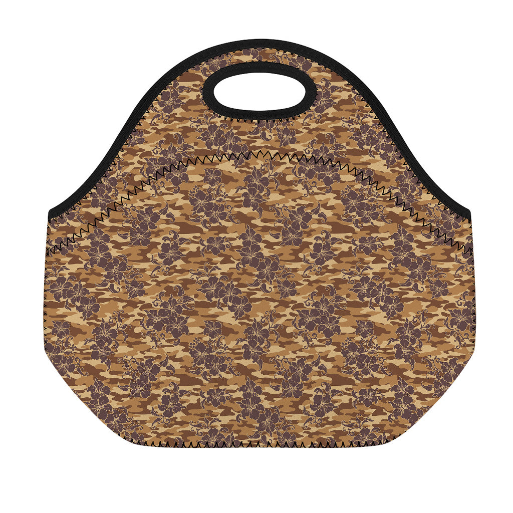 Brown Hawaiian Camo Flower Pattern Print Neoprene Lunch Bag