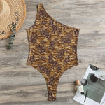 Brown Hawaiian Camo Flower Pattern Print One Shoulder Bodysuit