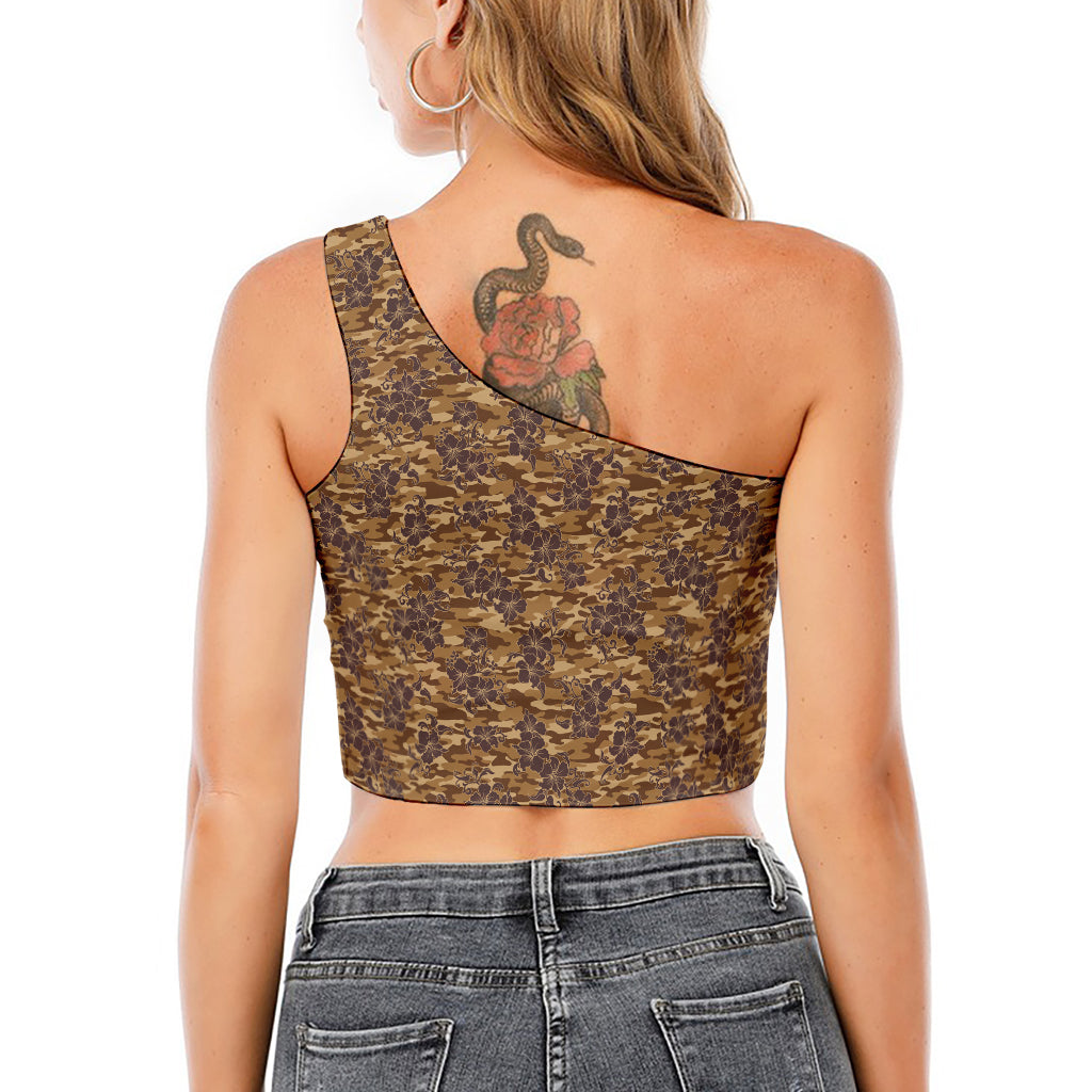 Brown Hawaiian Camo Flower Pattern Print One Shoulder Crop Top