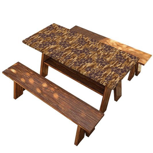 Brown Hawaiian Camo Flower Pattern Print Picnic Table Cover
