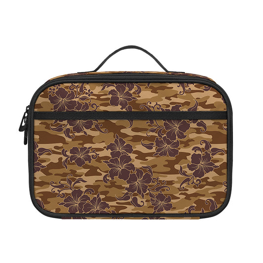 Brown Hawaiian Camo Flower Pattern Print Portable Lunch Bag