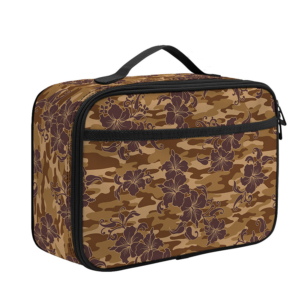 Brown Hawaiian Camo Flower Pattern Print Portable Lunch Bag
