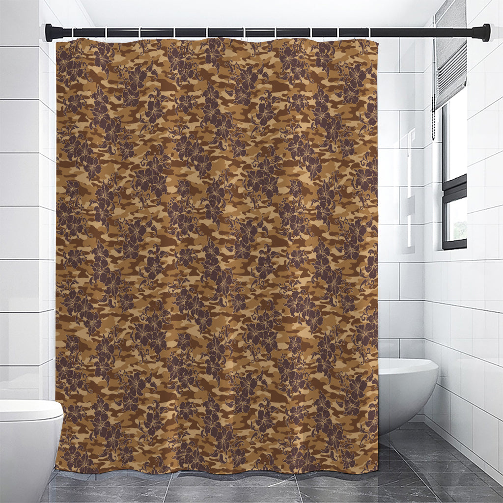 Brown Hawaiian Camo Flower Pattern Print Premium Shower Curtain