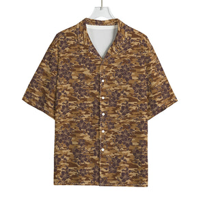 Brown Hawaiian Camo Flower Pattern Print Rayon Hawaiian Shirt