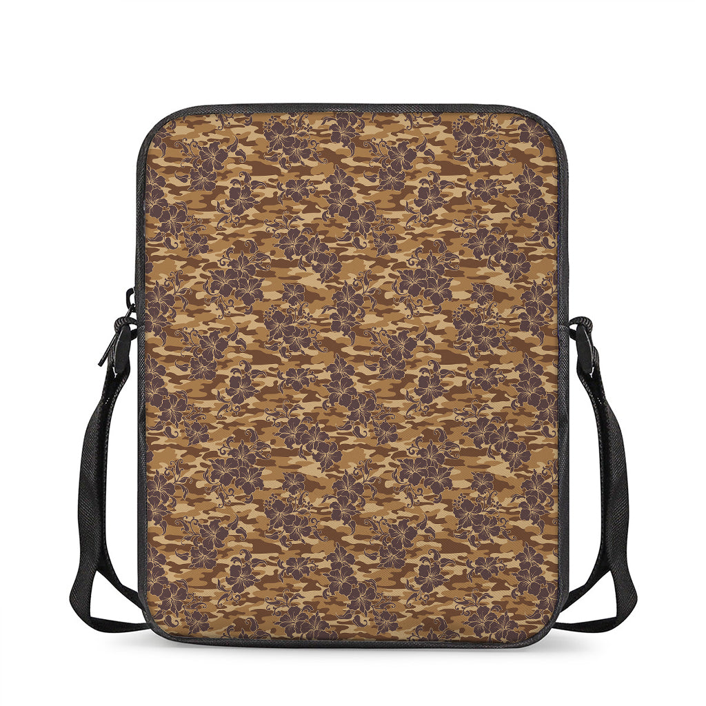 Brown Hawaiian Camo Flower Pattern Print Rectangular Crossbody Bag