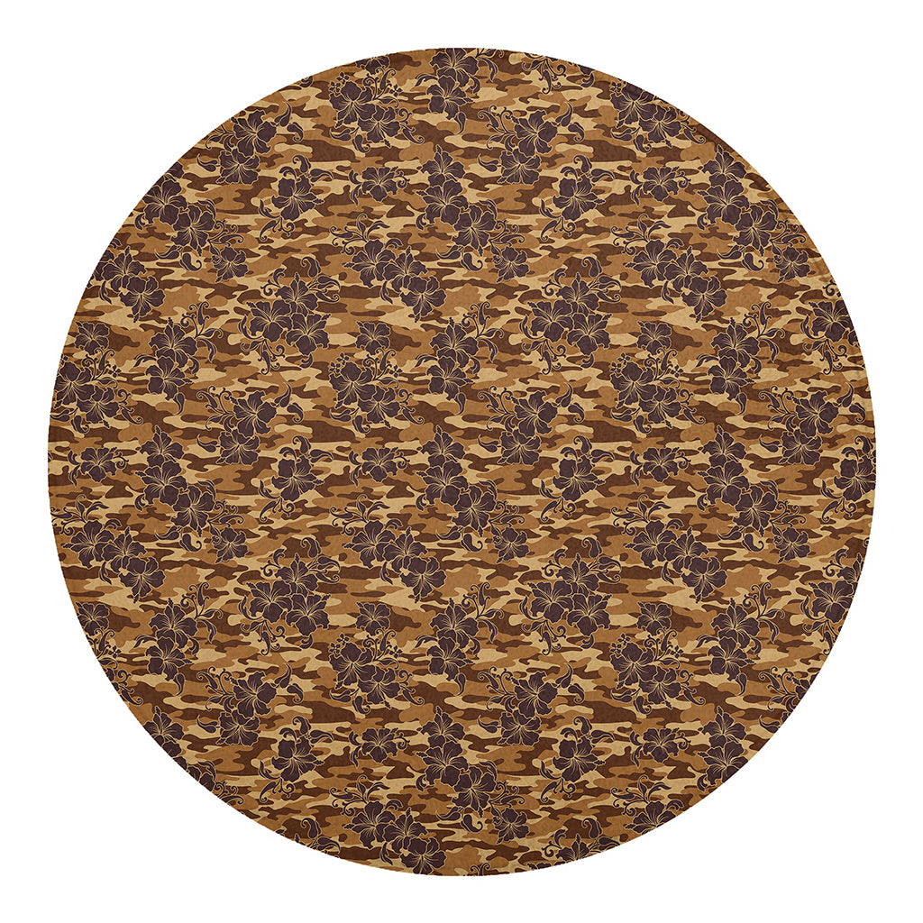 Brown Hawaiian Camo Flower Pattern Print Round Blanket