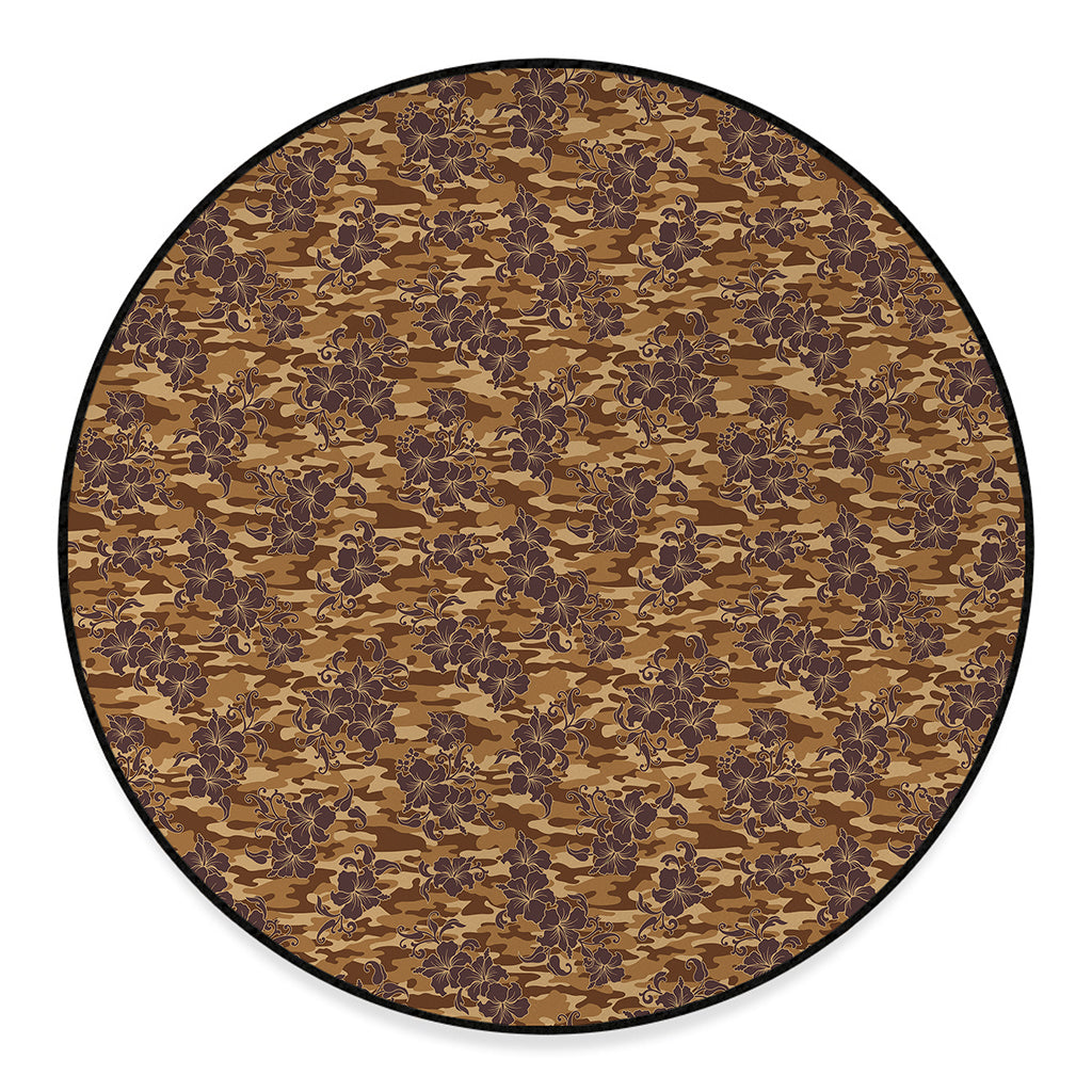 Brown Hawaiian Camo Flower Pattern Print Round Floor Mat
