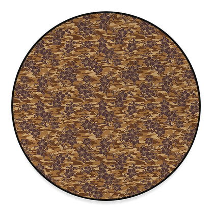 Brown Hawaiian Camo Flower Pattern Print Round Floor Mat