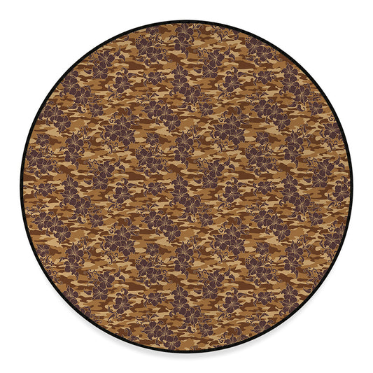 Brown Hawaiian Camo Flower Pattern Print Round Floor Mat