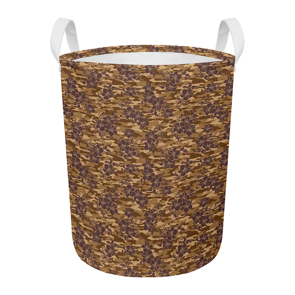 Brown Hawaiian Camo Flower Pattern Print Round Laundry Basket