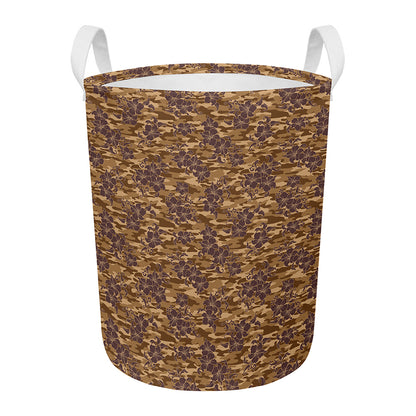 Brown Hawaiian Camo Flower Pattern Print Round Laundry Basket