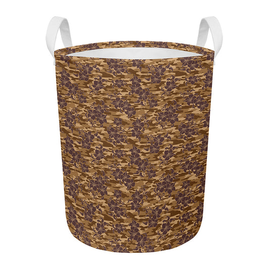 Brown Hawaiian Camo Flower Pattern Print Round Laundry Basket