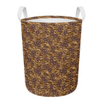 Brown Hawaiian Camo Flower Pattern Print Round Laundry Basket