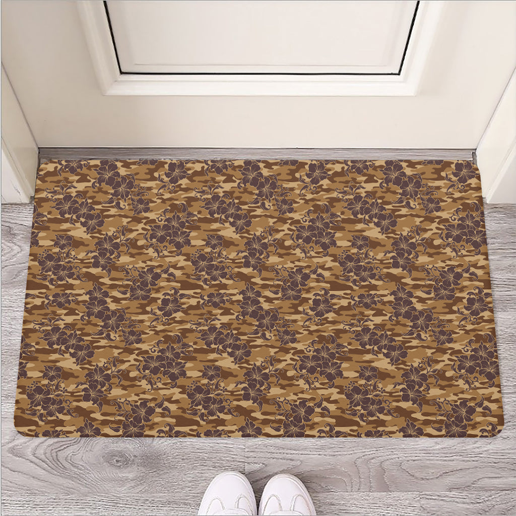 Brown Hawaiian Camo Flower Pattern Print Rubber Doormat