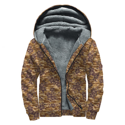 Brown Hawaiian Camo Flower Pattern Print Sherpa Lined Zip Up Hoodie