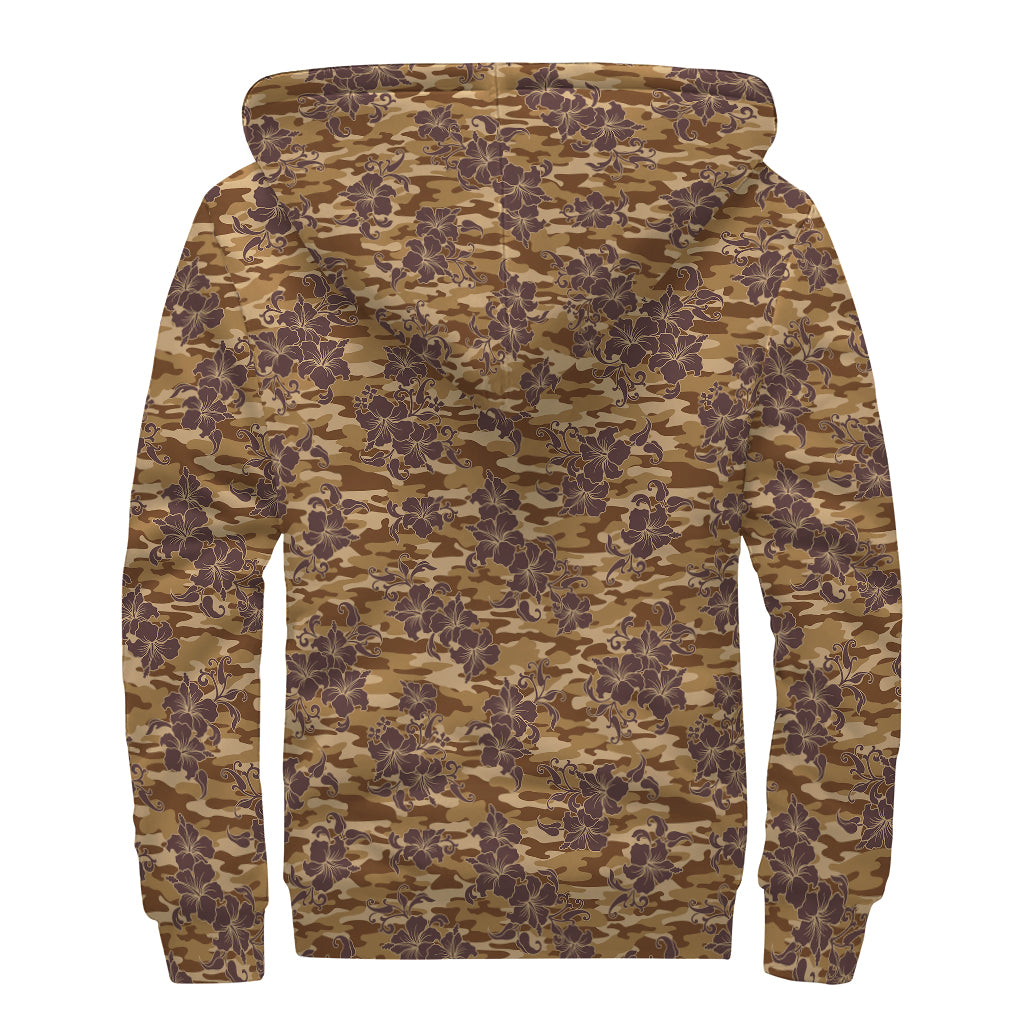 Brown Hawaiian Camo Flower Pattern Print Sherpa Lined Zip Up Hoodie
