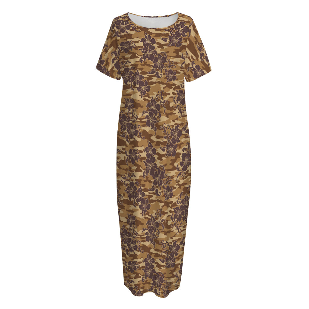 Brown Hawaiian Camo Flower Pattern Print Short Sleeve Long Nightdress