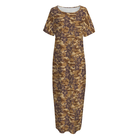 Brown Hawaiian Camo Flower Pattern Print Short Sleeve Long Nightdress