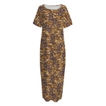 Brown Hawaiian Camo Flower Pattern Print Short Sleeve Long Nightdress