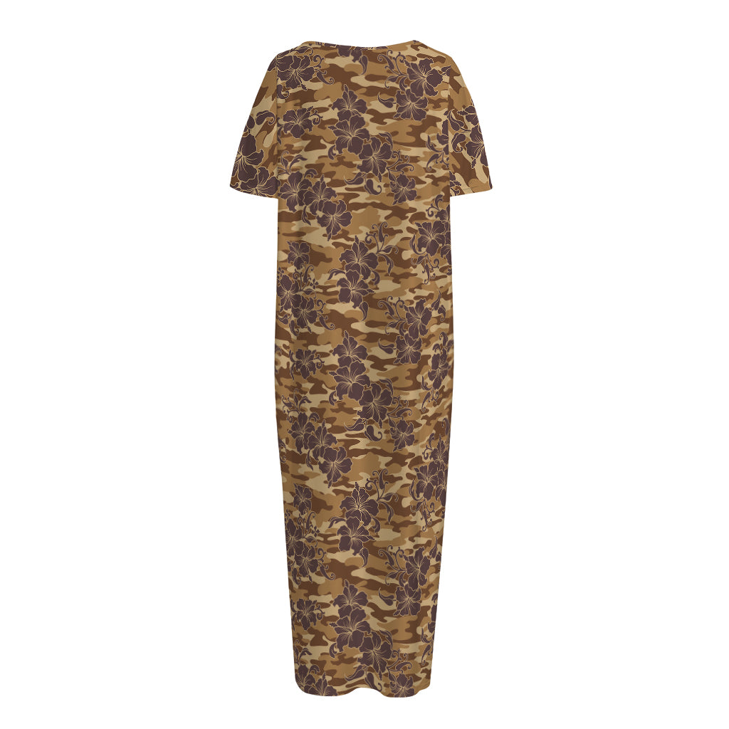 Brown Hawaiian Camo Flower Pattern Print Short Sleeve Long Nightdress