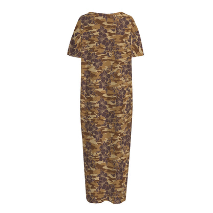 Brown Hawaiian Camo Flower Pattern Print Short Sleeve Long Nightdress