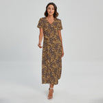 Brown Hawaiian Camo Flower Pattern Print Short Sleeve Maxi Dress