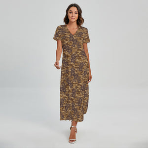 Brown Hawaiian Camo Flower Pattern Print Short Sleeve Maxi Dress