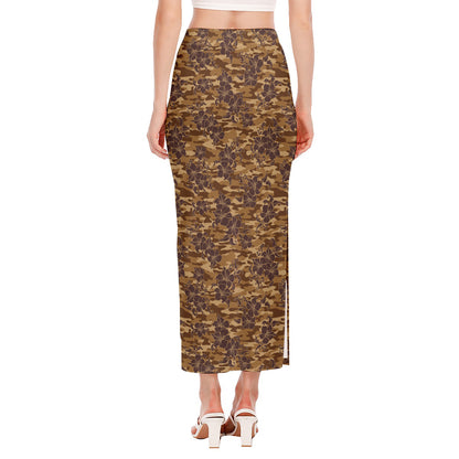 Brown Hawaiian Camo Flower Pattern Print Side Slit Maxi Skirt