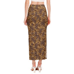 Brown Hawaiian Camo Flower Pattern Print Side Slit Maxi Skirt