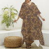 Brown Hawaiian Camo Flower Pattern Print Silk V-Neck Kaftan Dress