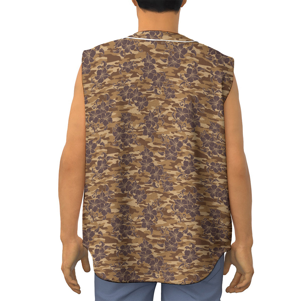 Brown Hawaiian Camo Flower Pattern Print Sleeveless Baseball Jersey