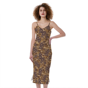 Brown Hawaiian Camo Flower Pattern Print Slim Fit Midi Cami Dress