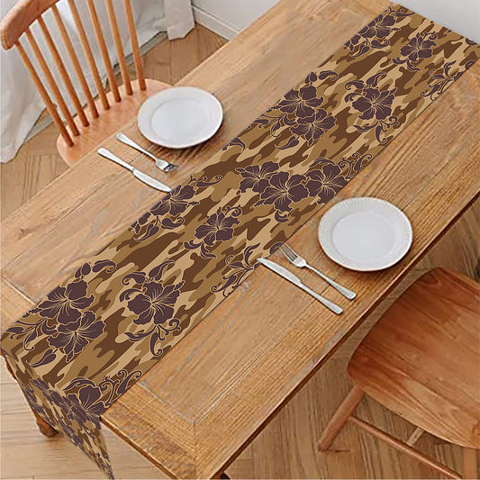 Brown Hawaiian Camo Flower Pattern Print Table Runner