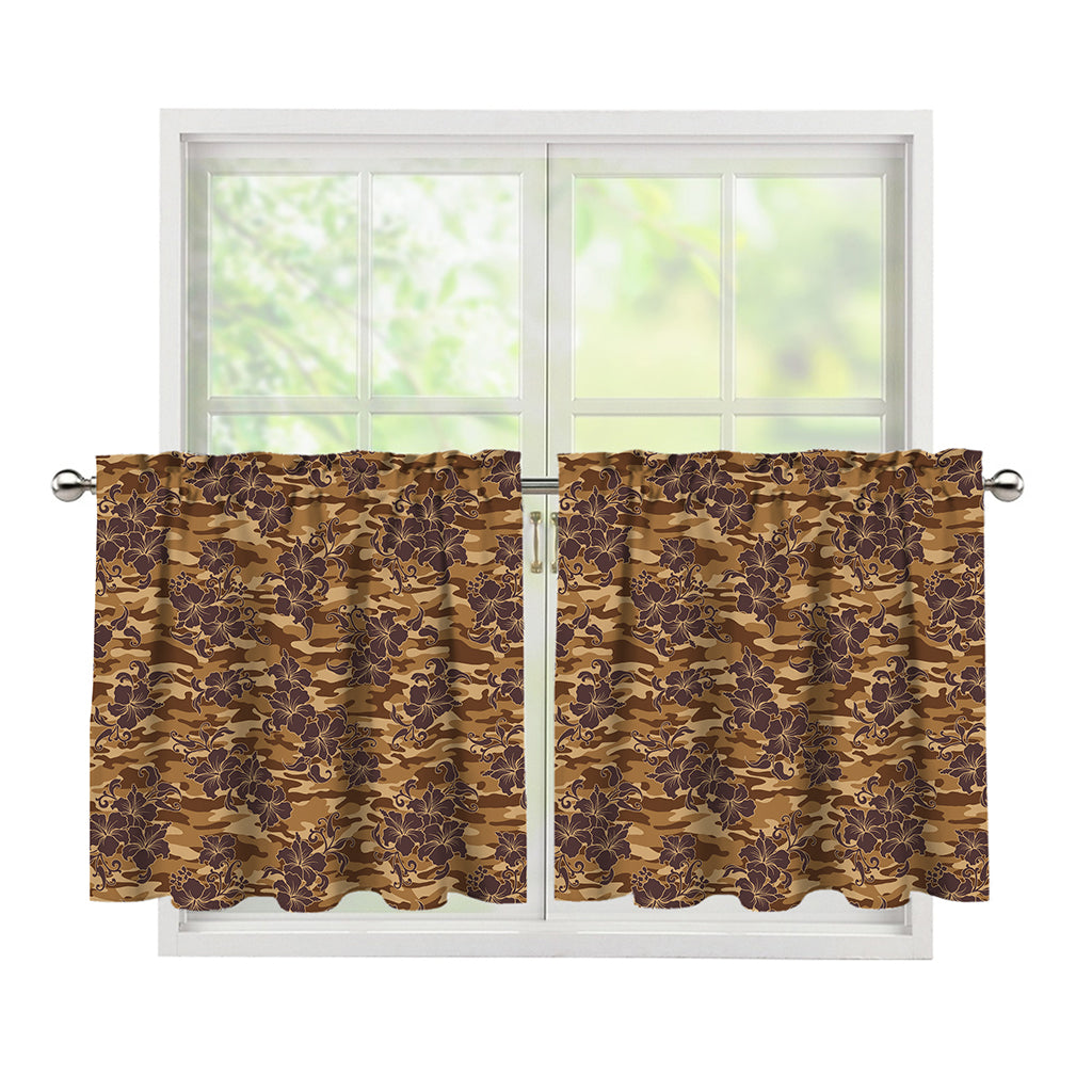 Brown Hawaiian Camo Flower Pattern Print Tier Curtains