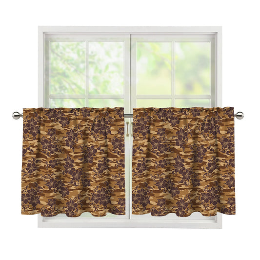 Brown Hawaiian Camo Flower Pattern Print Tier Curtains