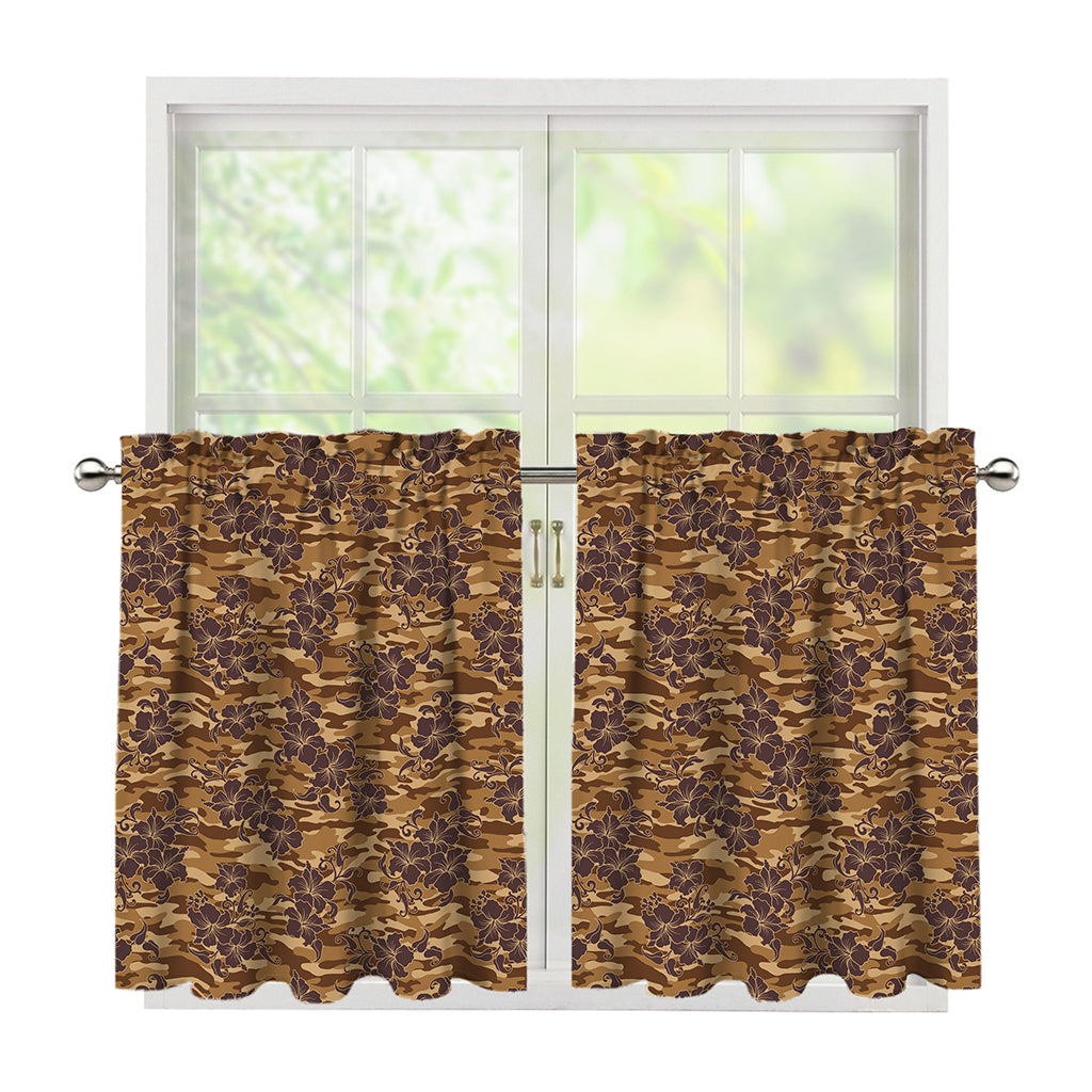 Brown Hawaiian Camo Flower Pattern Print Tier Curtains