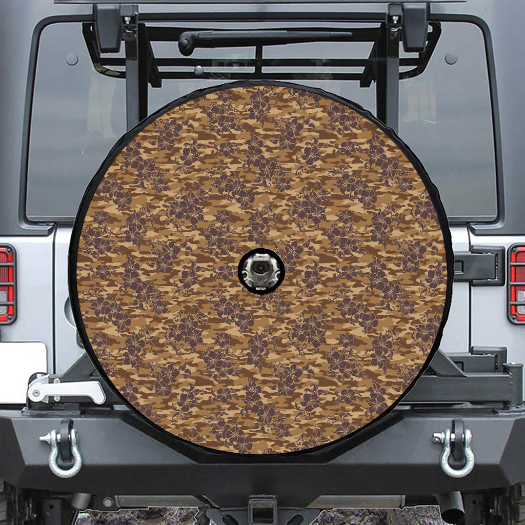Brown Hawaiian Camo Flower Pattern Print Tire Cover With Camera Hole