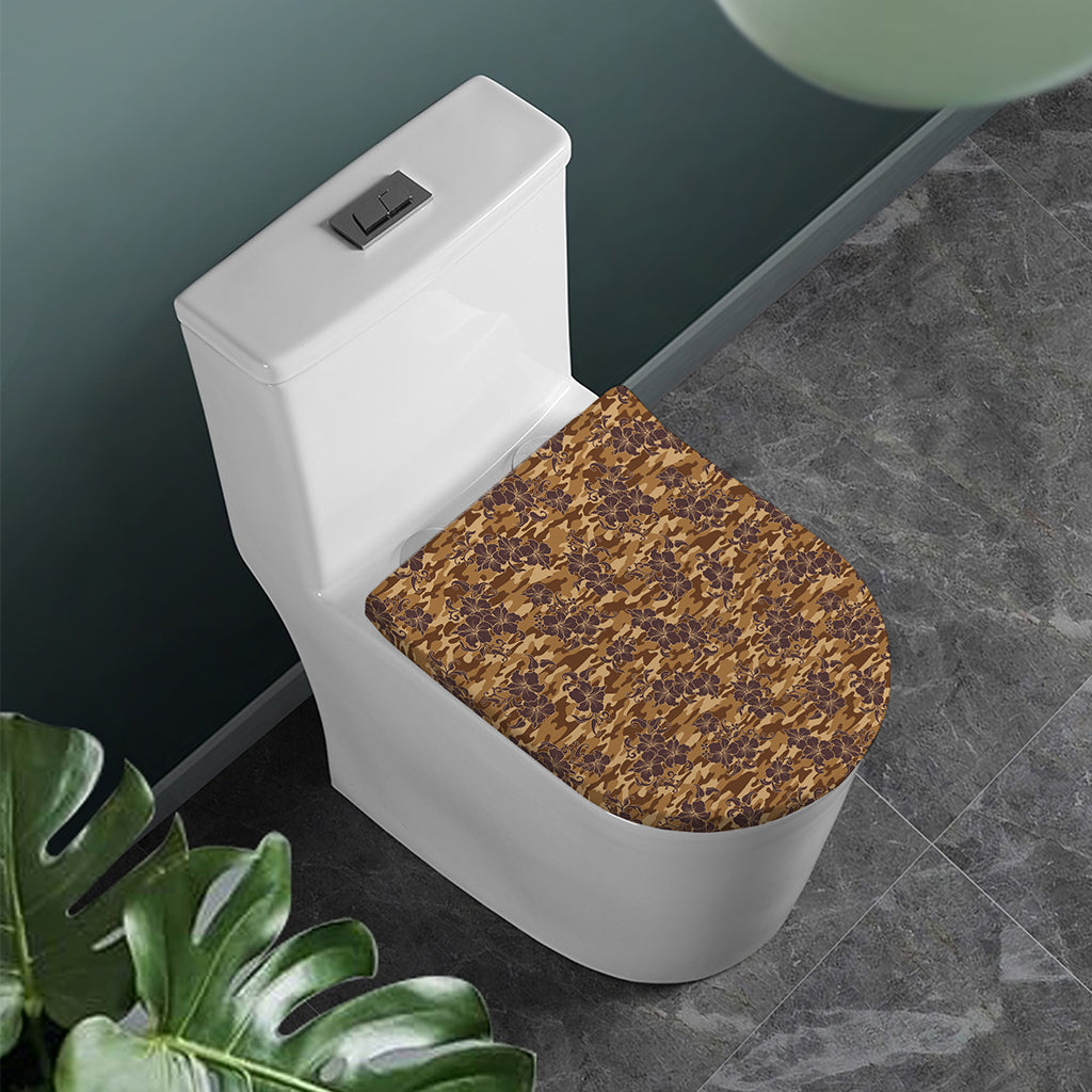 Brown Hawaiian Camo Flower Pattern Print Toilet Lid Cover