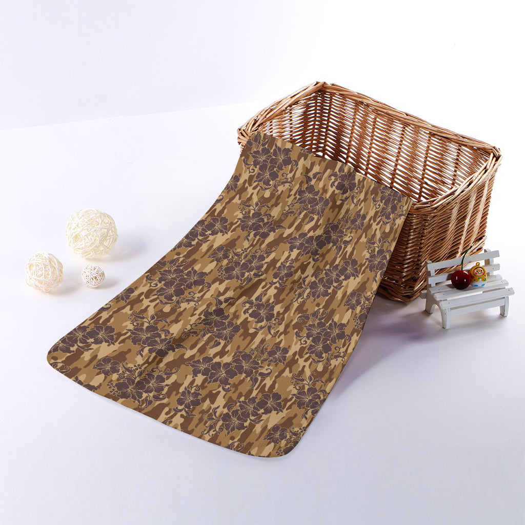 Brown Hawaiian Camo Flower Pattern Print Towel