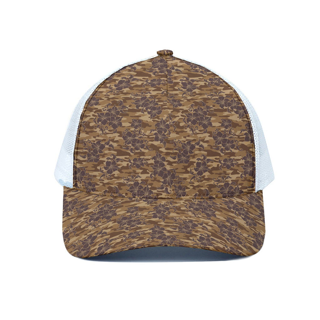 Brown Hawaiian Camo Flower Pattern Print White Mesh Trucker Cap