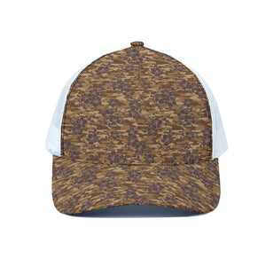 Brown Hawaiian Camo Flower Pattern Print White Mesh Trucker Cap