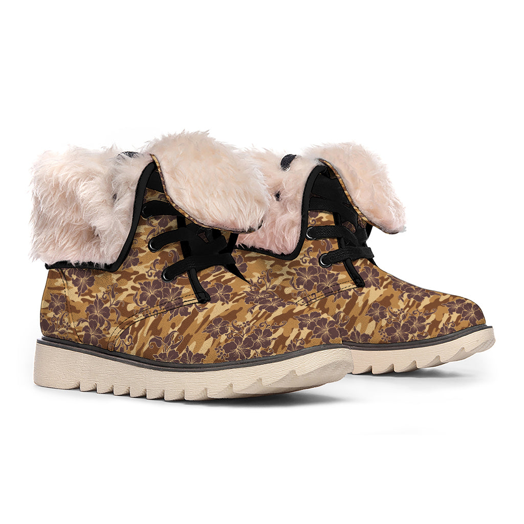 Brown Hawaiian Camo Flower Pattern Print Winter Boots