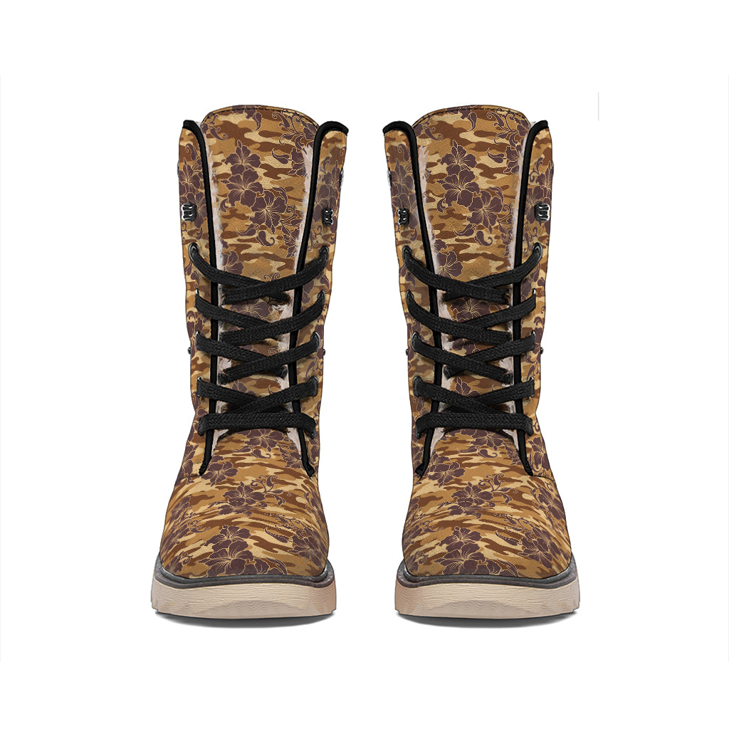 Brown Hawaiian Camo Flower Pattern Print Winter Boots