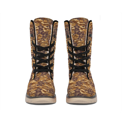 Brown Hawaiian Camo Flower Pattern Print Winter Boots