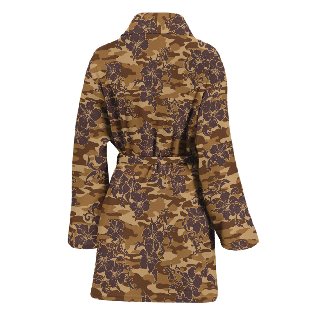 Brown Hawaiian Camo Flower Pattern Print Women's Bathrobe