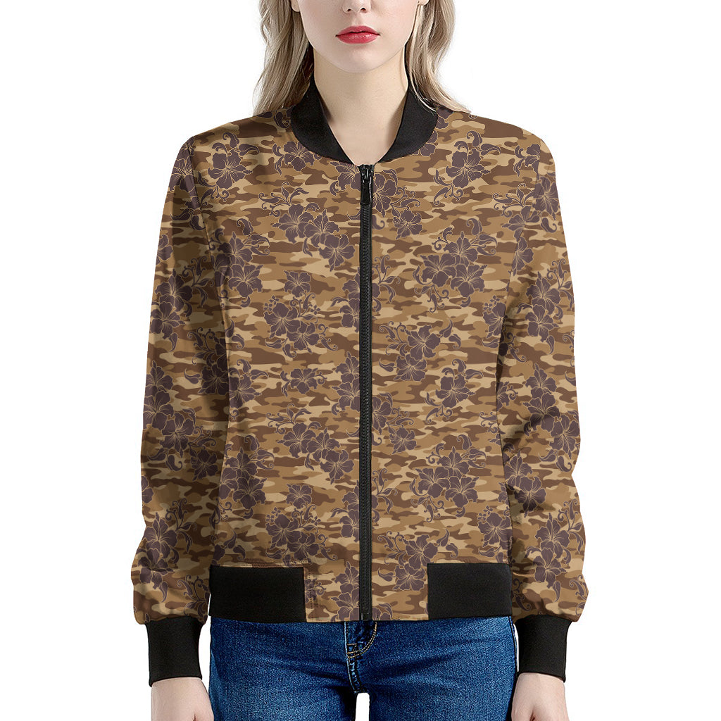 Brown Hawaiian Camo Flower Pattern Print Women's Bomber Jacket