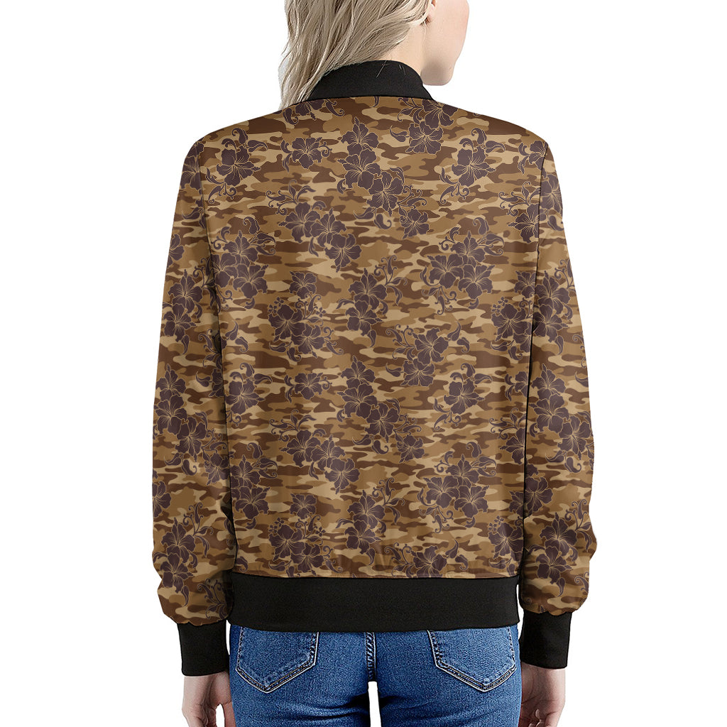 Brown Hawaiian Camo Flower Pattern Print Women's Bomber Jacket