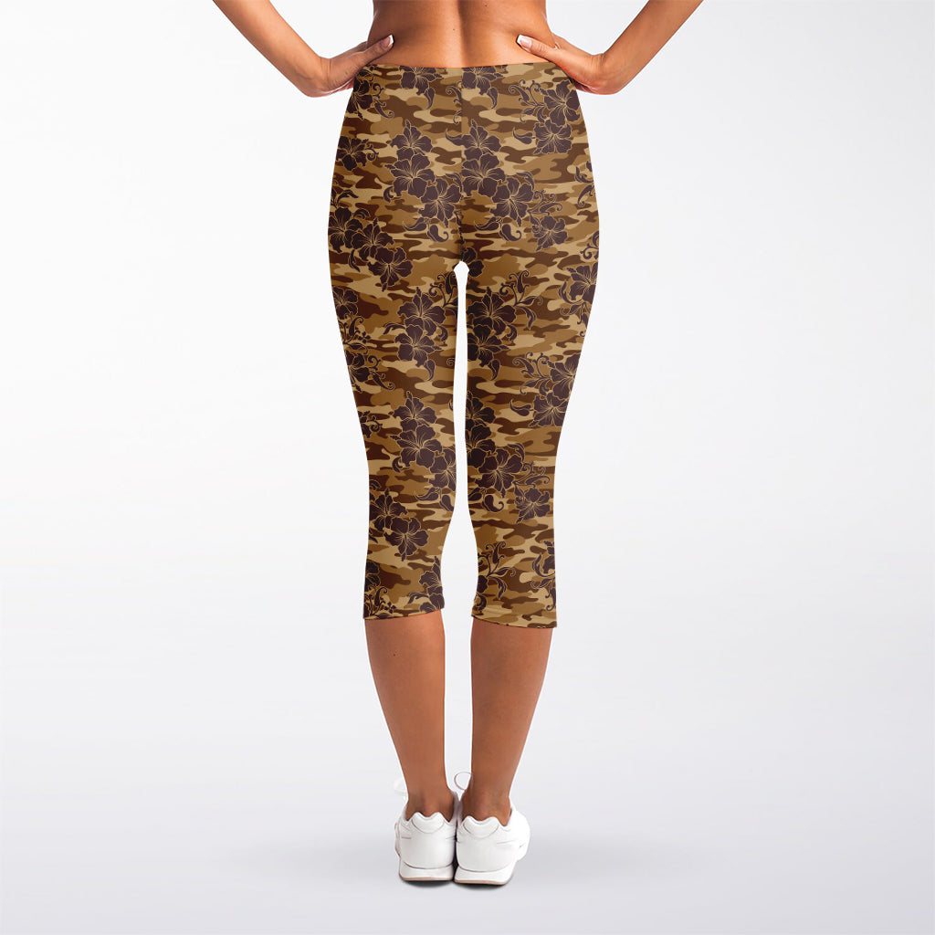 Brown Hawaiian Camo Flower Pattern Print Women's Capri Leggings