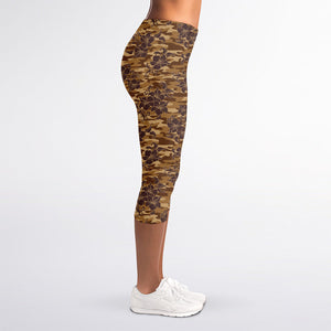 Brown Hawaiian Camo Flower Pattern Print Women's Capri Leggings